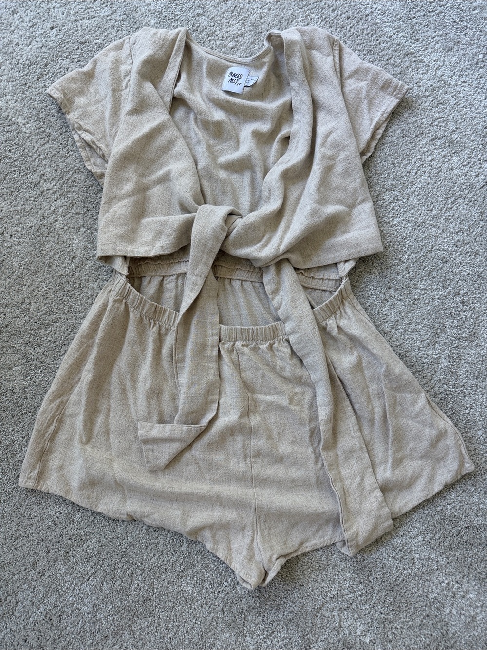 Princess Polly Natural Beige Tie-Front romper